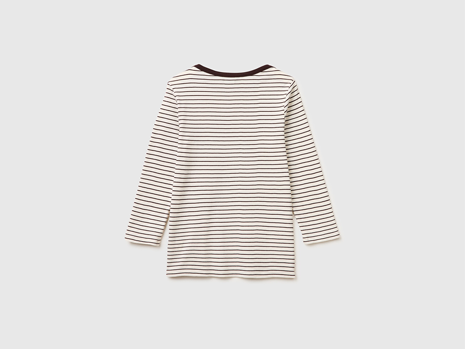 Benetton Kadın Bej %100 Pamuk Çizgili Logolu Kayık Yaka Truvakar Kol T-Shirt
