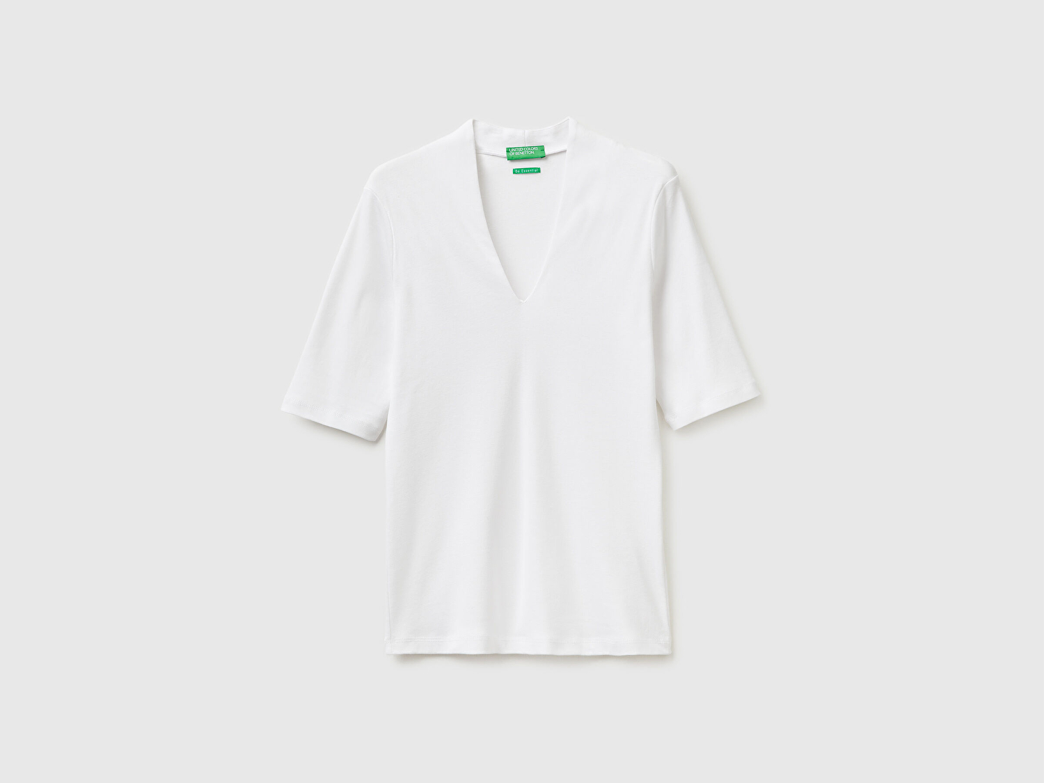 Benetton Kadın Beyaz %100 Pamuk Yarım Kollu Derin V Yaka T-Shirt