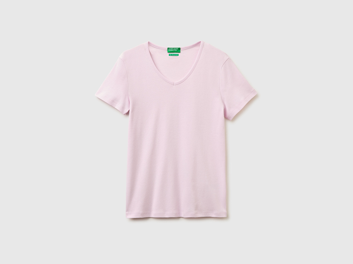 Benetton Kadın Açık Pembe %100 Pamuk Geniş V Yaka T-Shirt