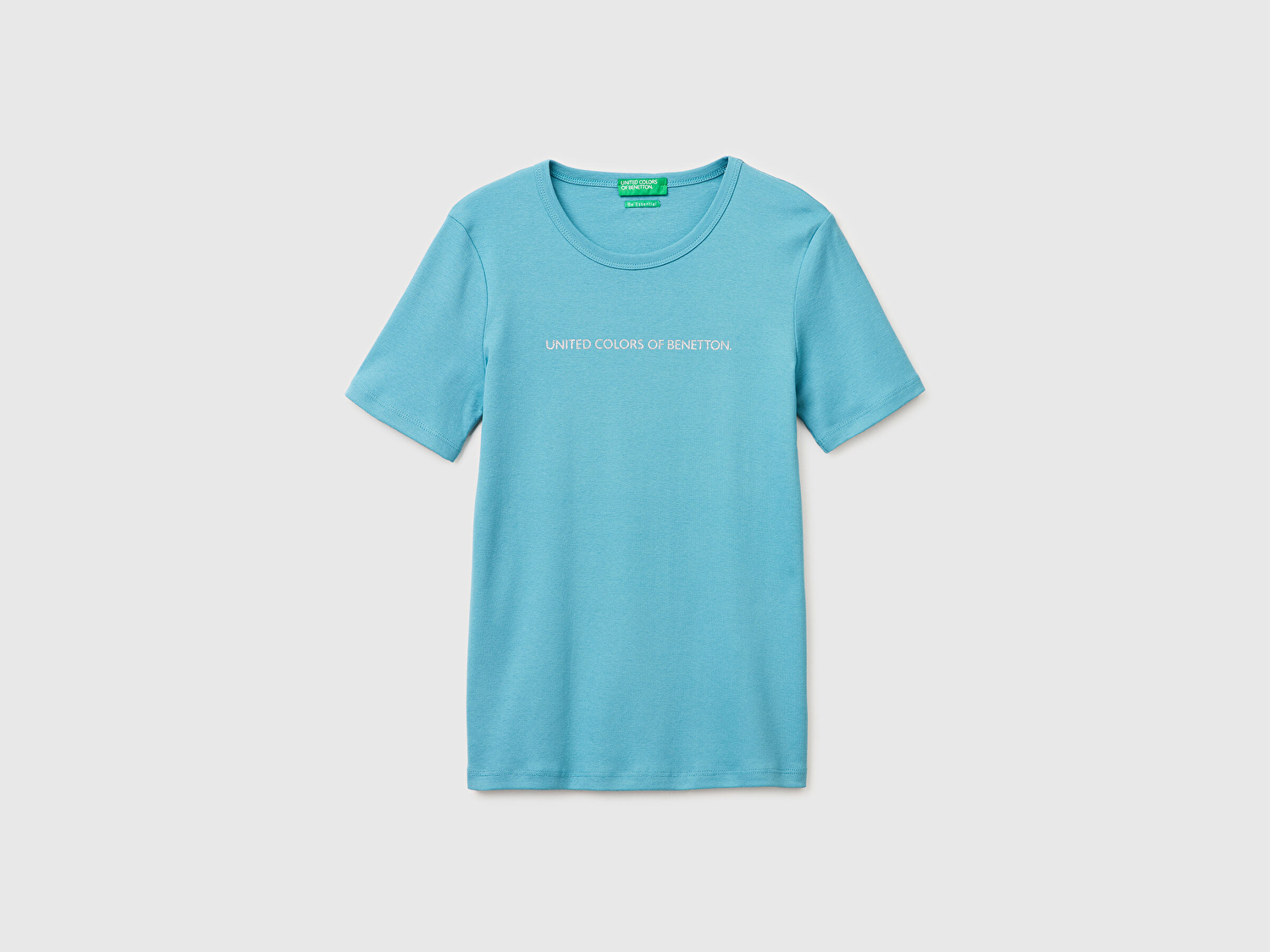 Benetton Kadın Mavi %100 Pamuk Logo Baskılı Bisiklet Yaka T-Shirt