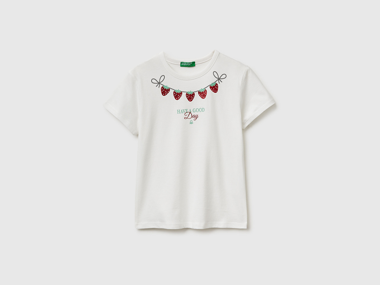 Benetton Kız Çocuk Beyaz Simli Grafik Baskılı Yuvarlak Yaka T-Shirt