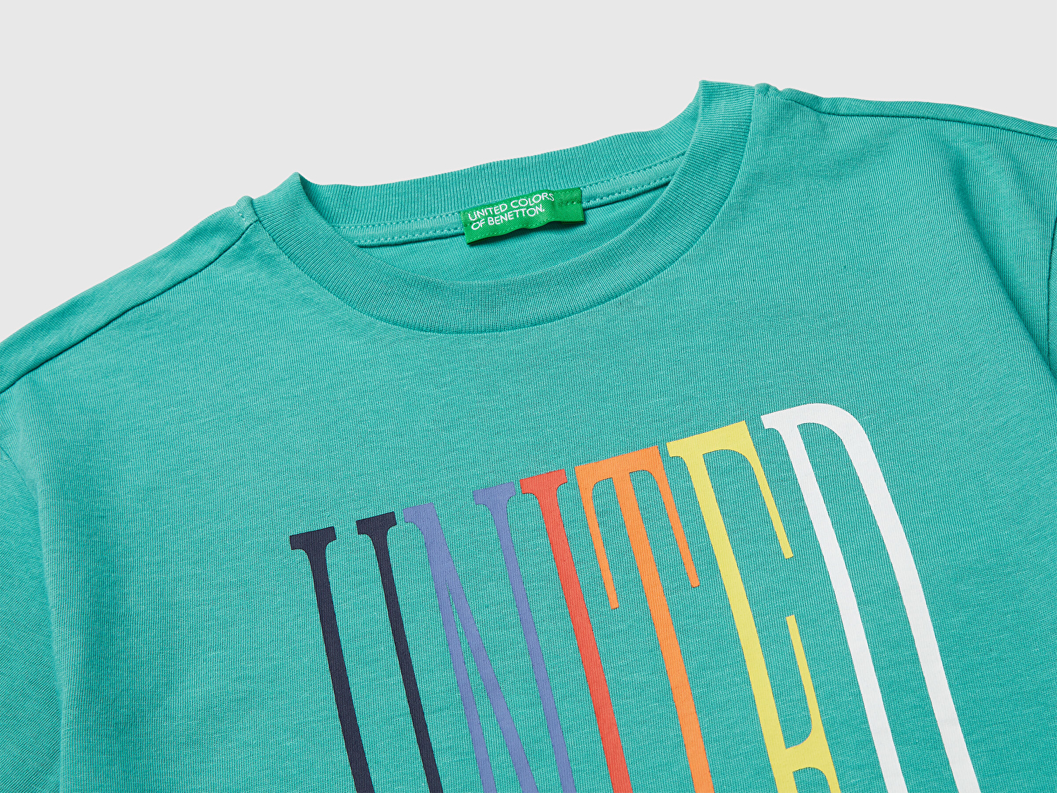 Benetton Erkek Çocuk Mavi-yeşil Önü Logo Baskılı Bisiklet Yaka T-Shirt
