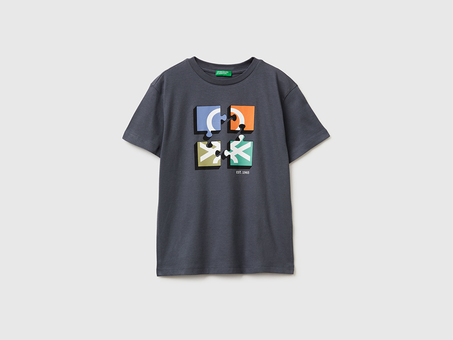 Benetton Erkek Çocuk Antrasit Önü Logo Baskılı Bisiklet Yaka T-Shirt