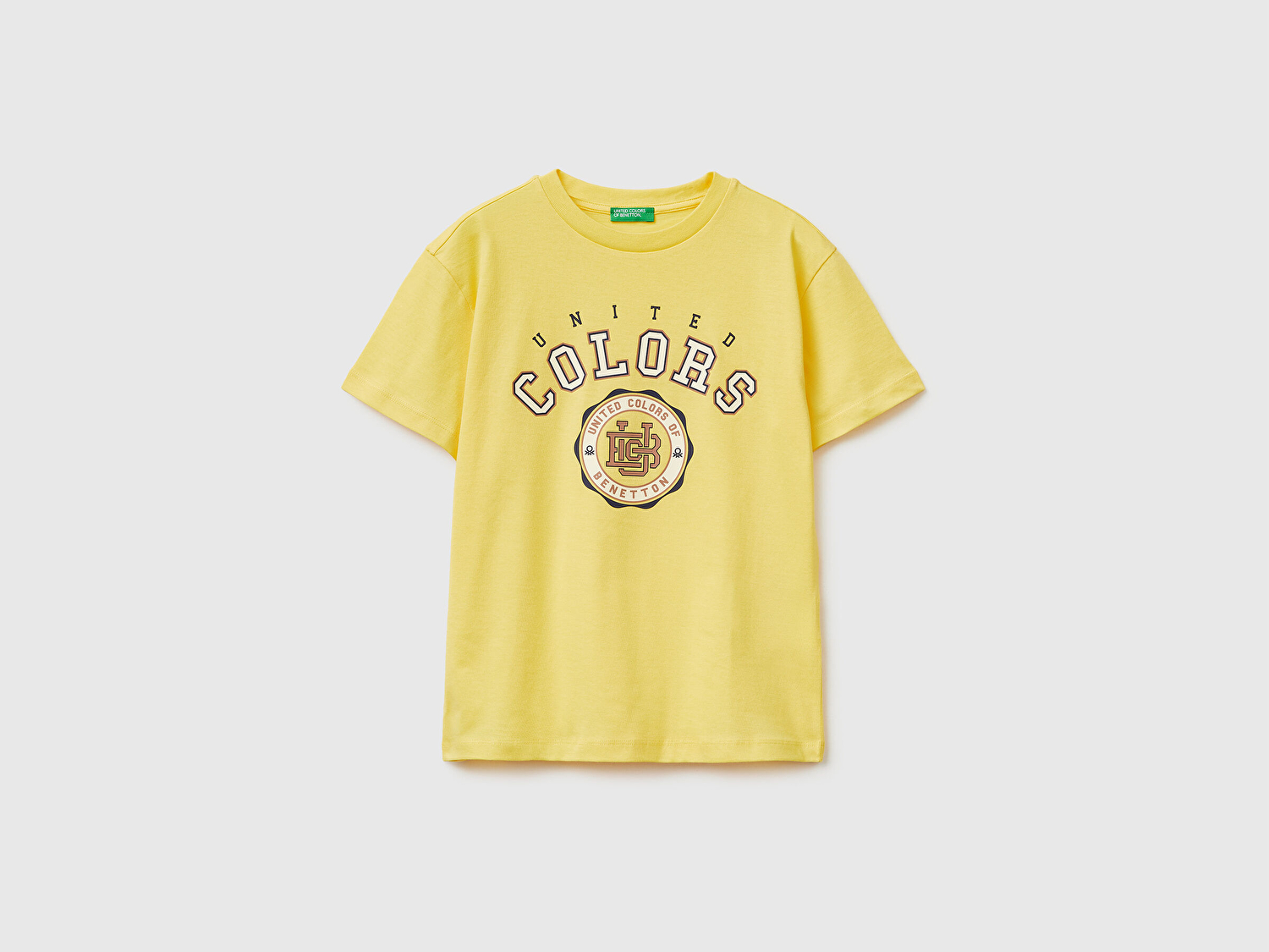 Benetton Erkek Çocuk Sarı Önü Logo Baskılı Bisiklet Yaka T-Shirt