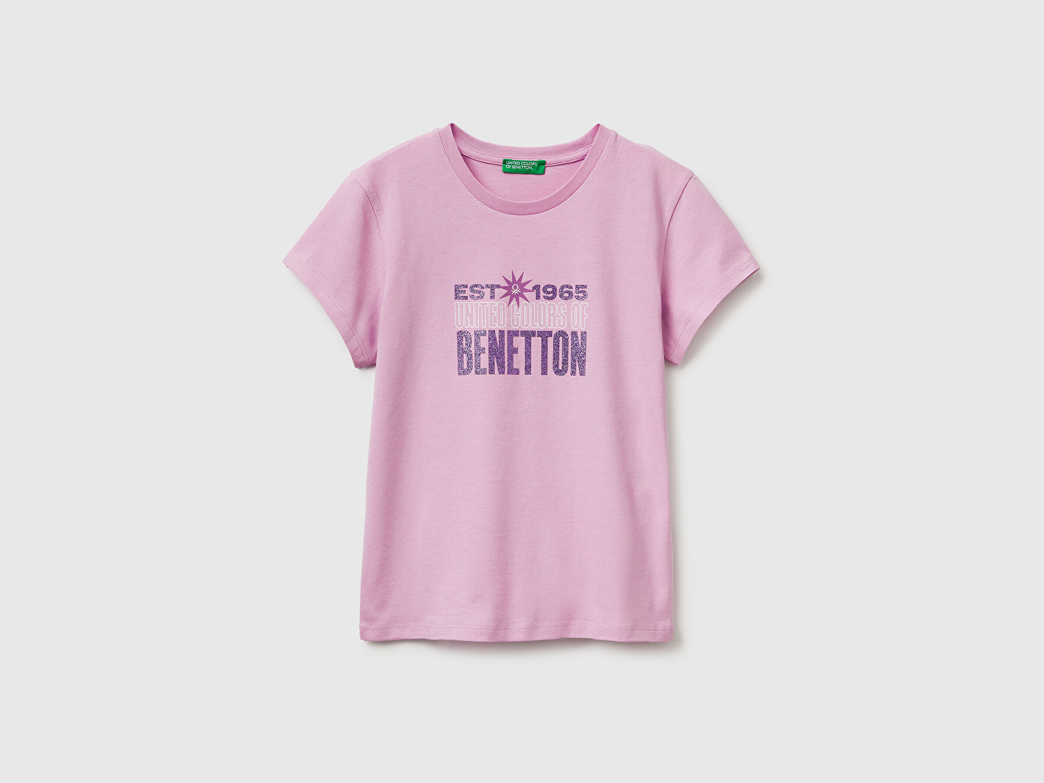 Benetton Kız Çocuk Pembe Simli Logolu Bisiklet Yaka T-Shirt