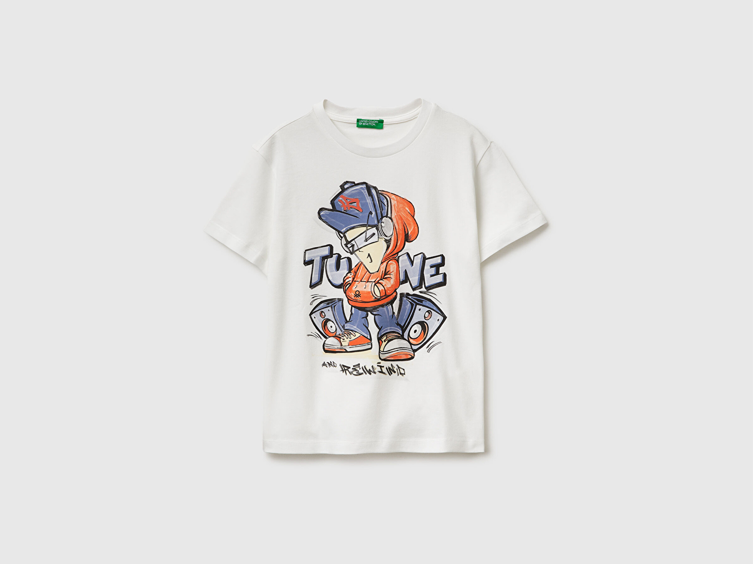 Benetton Erkek Çocuk Beyaz Tema Baskılı Rahat Kalıp Bisiklet Yaka T-Shirt
