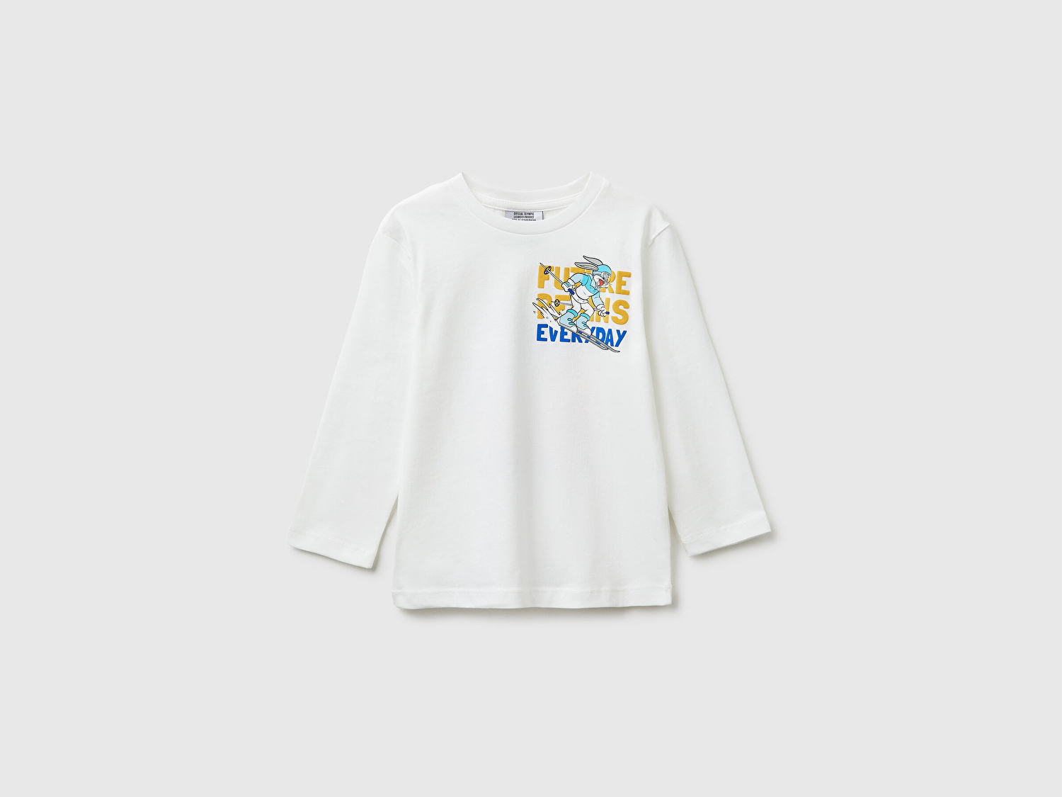 Benetton Erkek Bebek Beyaz Önü ve Arkası Baskı Detaylı Bisiklet Yaka Uzun Kollu T-Shirt
