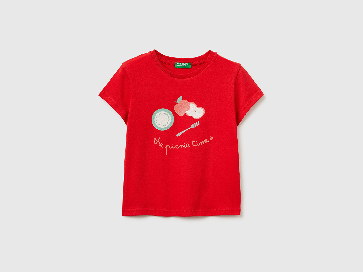 Benetton Kız Bebek Kırmızı Simli Su Bazlı Baskılı Bisiklet Yaka T-Shirt