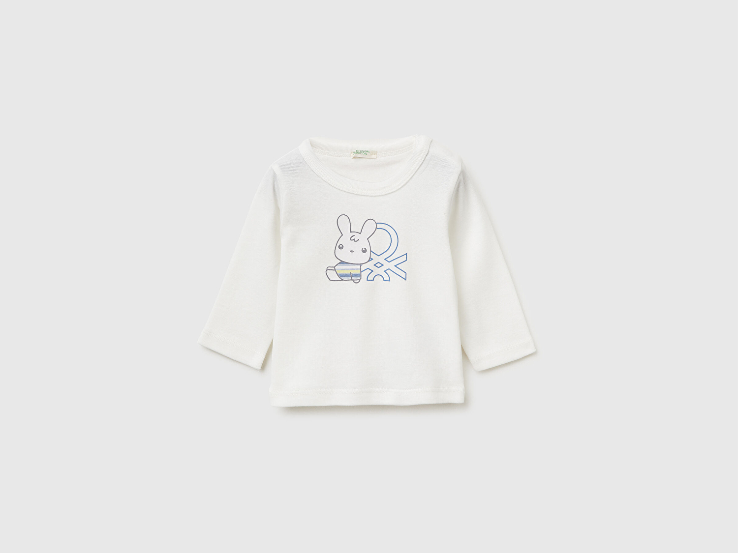 Benetton Bebek Ekru Su Bazlı Logo Baskılı Omzu Gizli Çıtçıtlı Uzun Kollu T-Shirt