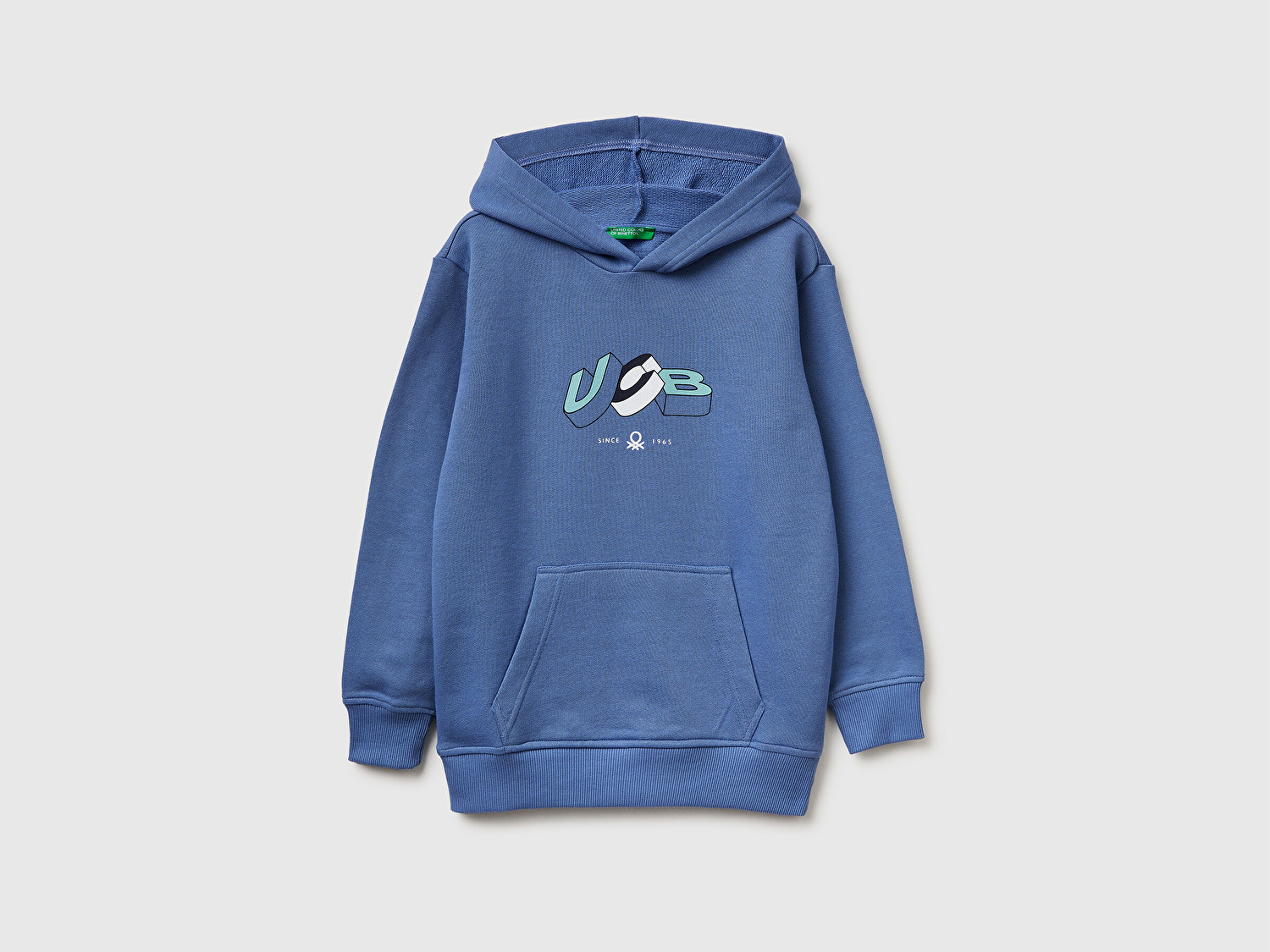 Benetton Erkek Çocuk Havacı Mavi Önü Logo Baskılı Kanguru Cepli Kapüşonlu Sweatshirt