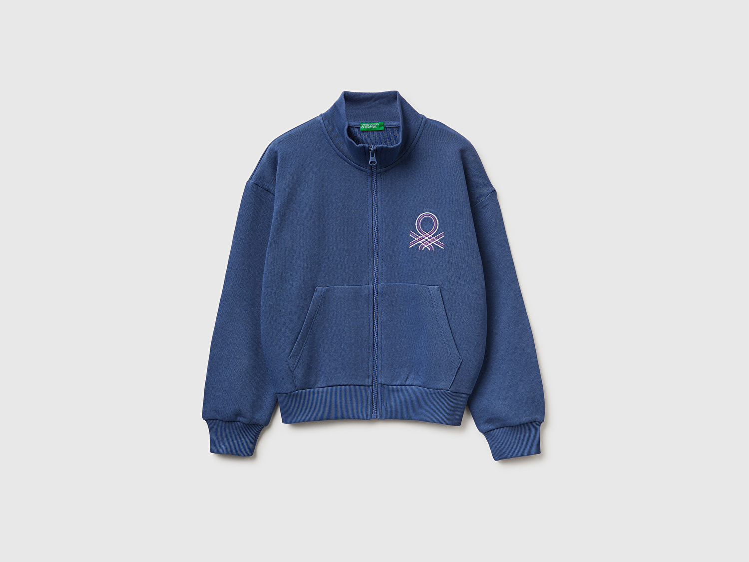 Benetton Kız Çocuk Koyu Lacivert Simli Logolu Fermuarlı Cepli Yüksek Yaka Sweatshirt
