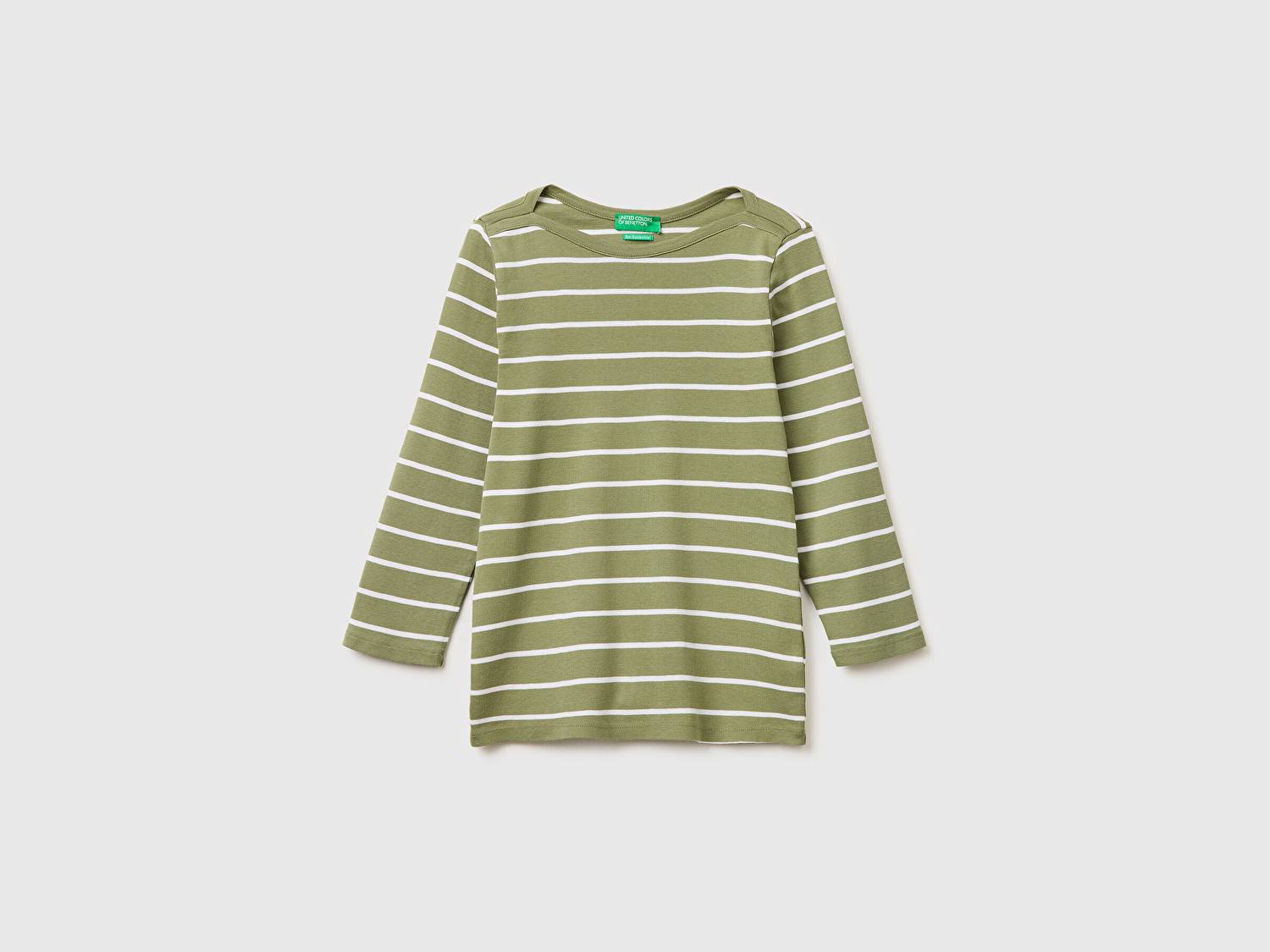 Benetton Kadın Yeşil %100 Pamuk Çizgili Logolu Kayık Yaka Truvakar Kol T-Shirt
