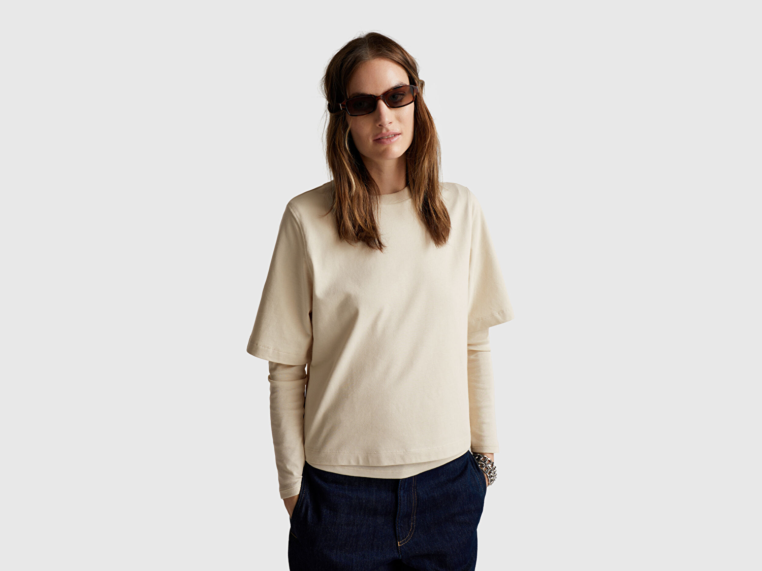 Benetton Kadın Taş %100 Koton Boxy Fit T-Shirt