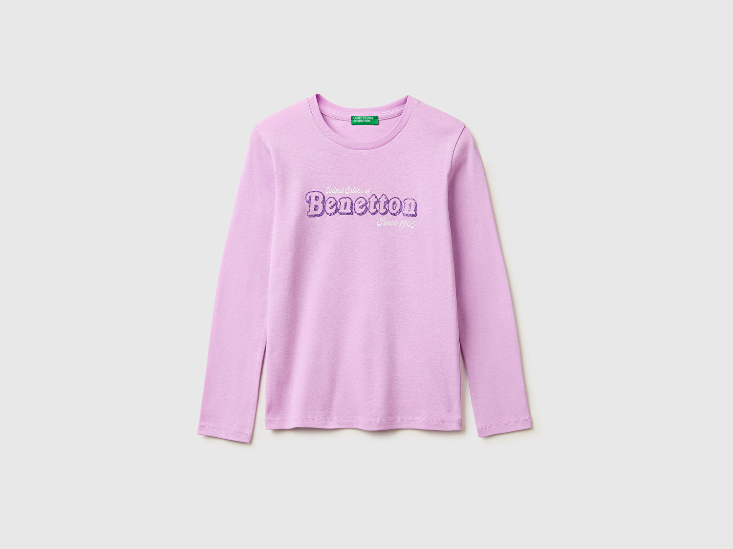 Benetton Kız Çocuk Pembe Simli Logo Detaylı Bisiklet Yaka Uzun Kollu T-Shirt