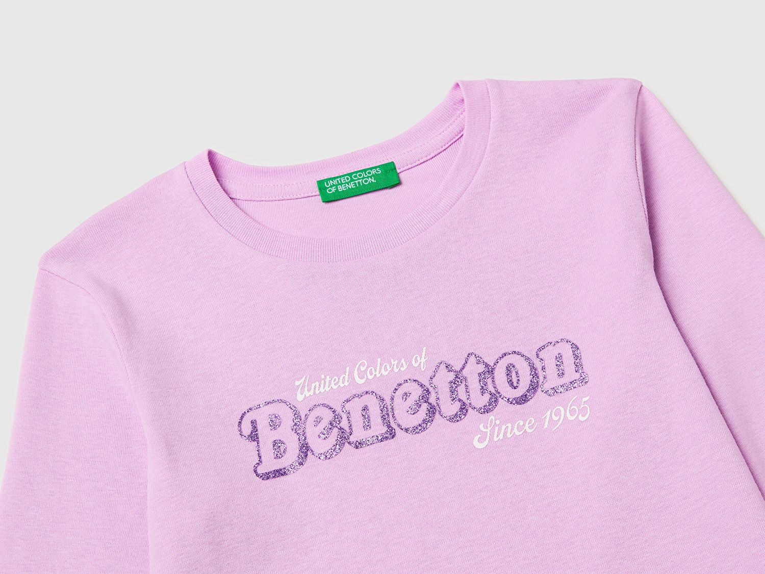 Benetton Kız Çocuk Pembe Simli Logo Detaylı Bisiklet Yaka Uzun Kollu T-Shirt