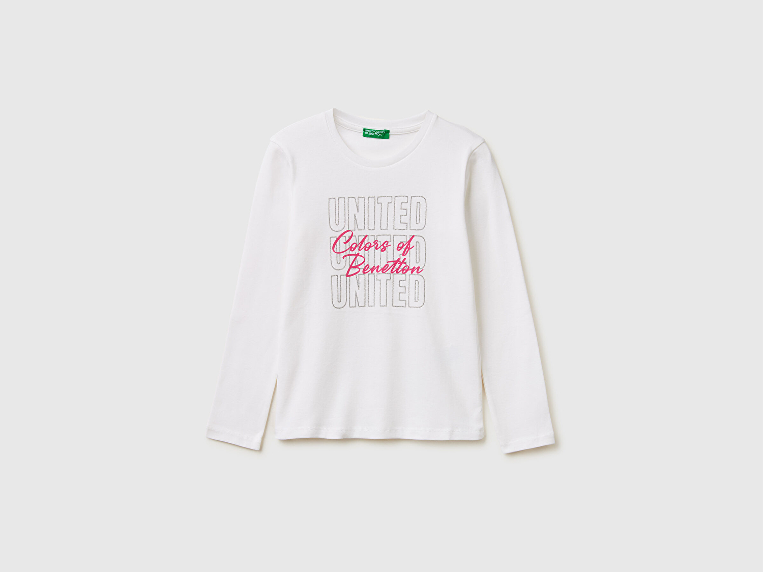 Benetton Kız Çocuk Beyaz Simli Logo Detaylı Bisiklet Yaka Uzun Kollu T-Shirt