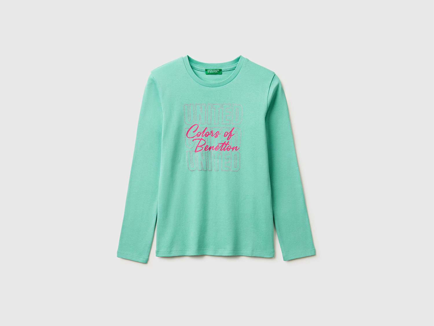 Benetton Kız Çocuk Mint Simli Logo Detaylı Bisiklet Yaka Uzun Kollu T-Shirt