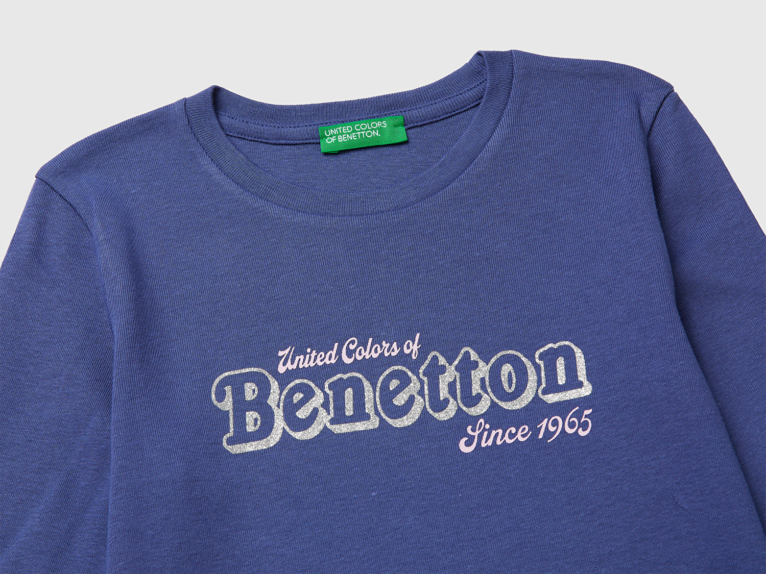 Benetton Kız Çocuk Koyu Lacivert Simli Logo Detaylı Bisiklet Yaka Uzun Kollu T-Shirt