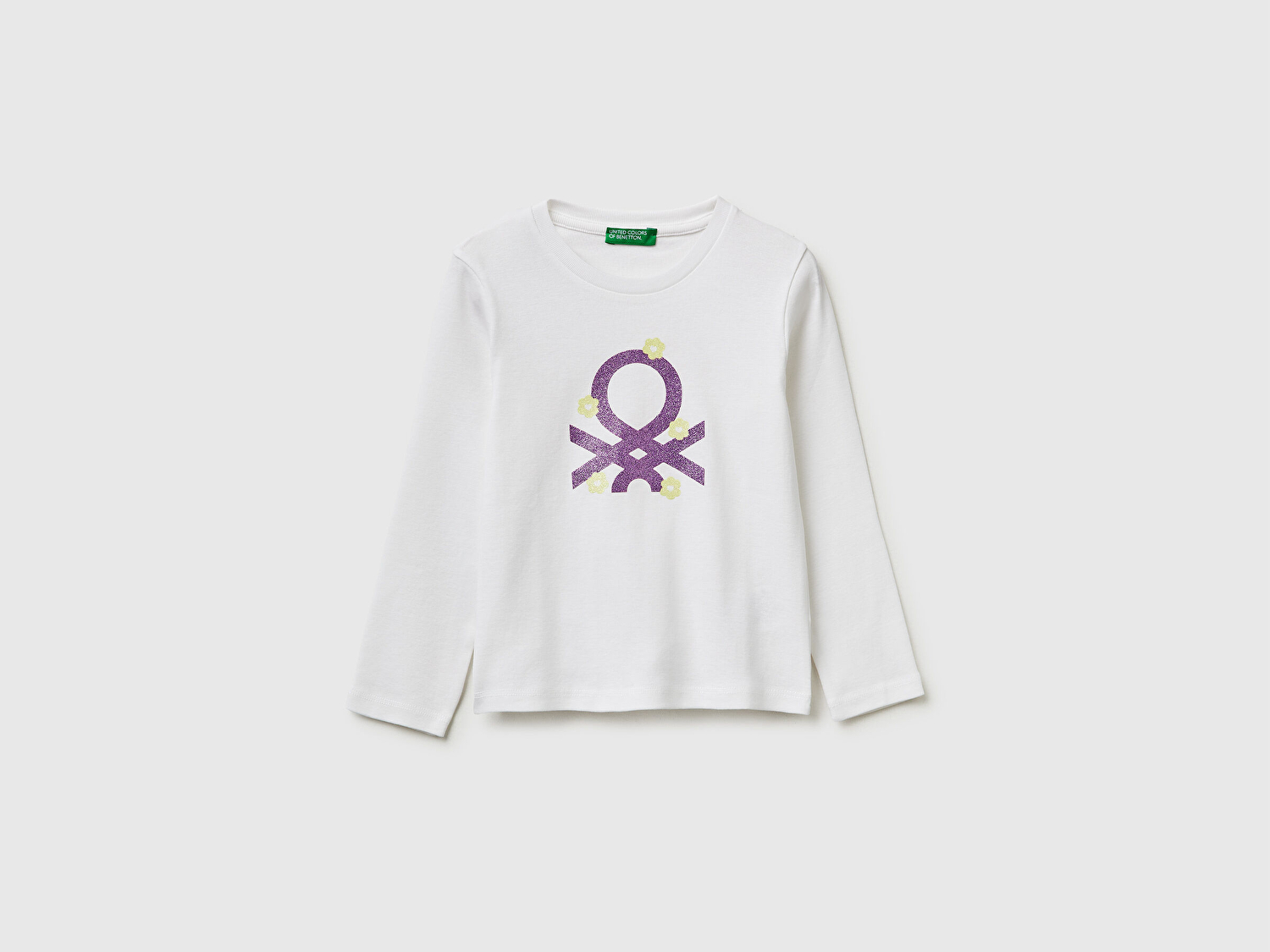 Benetton Kız Bebek Beyaz Simli Renkli Grafik Baskılı Yuvarlak Yaka Uzun Kollu T-Shirt