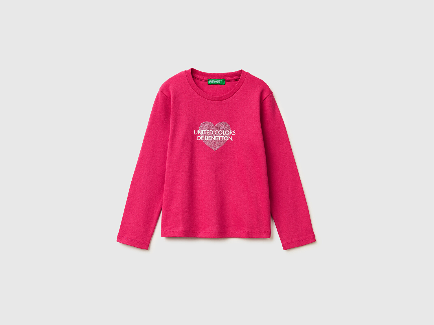 Benetton Kız Bebek Koyu Pembe Simli Renkli Grafik Baskılı Yuvarlak Yaka Uzun Kollu T-Shirt