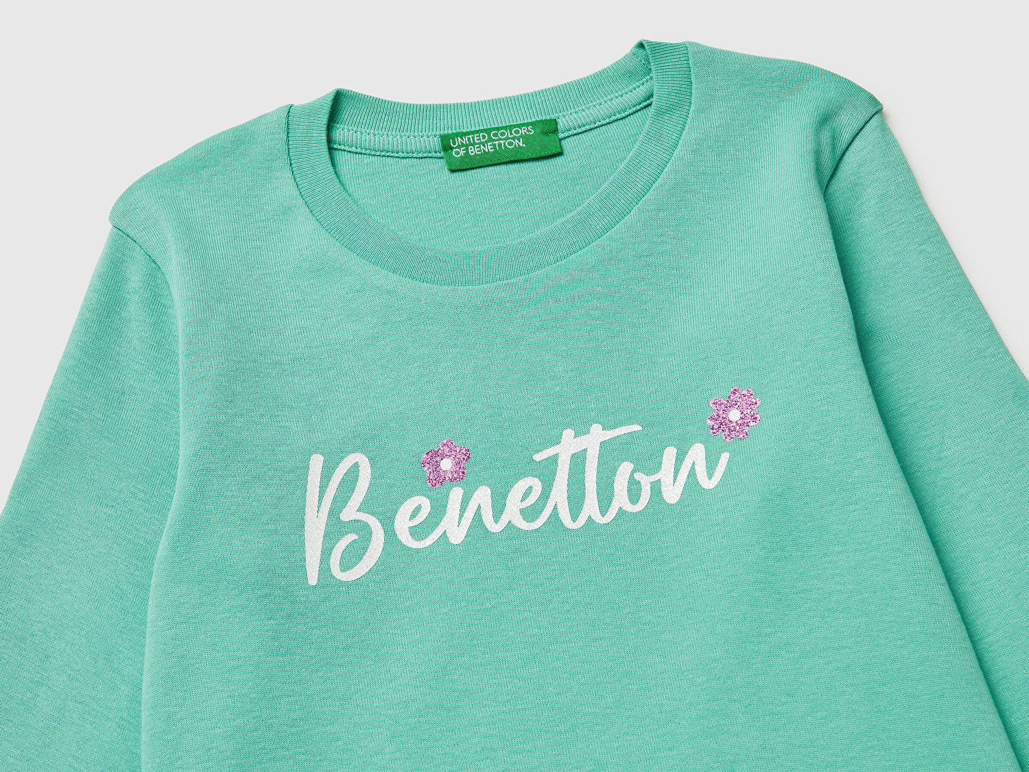 Benetton Kız Bebek Mint Simli Renkli Grafik Baskılı Yuvarlak Yaka Uzun Kollu T-Shirt