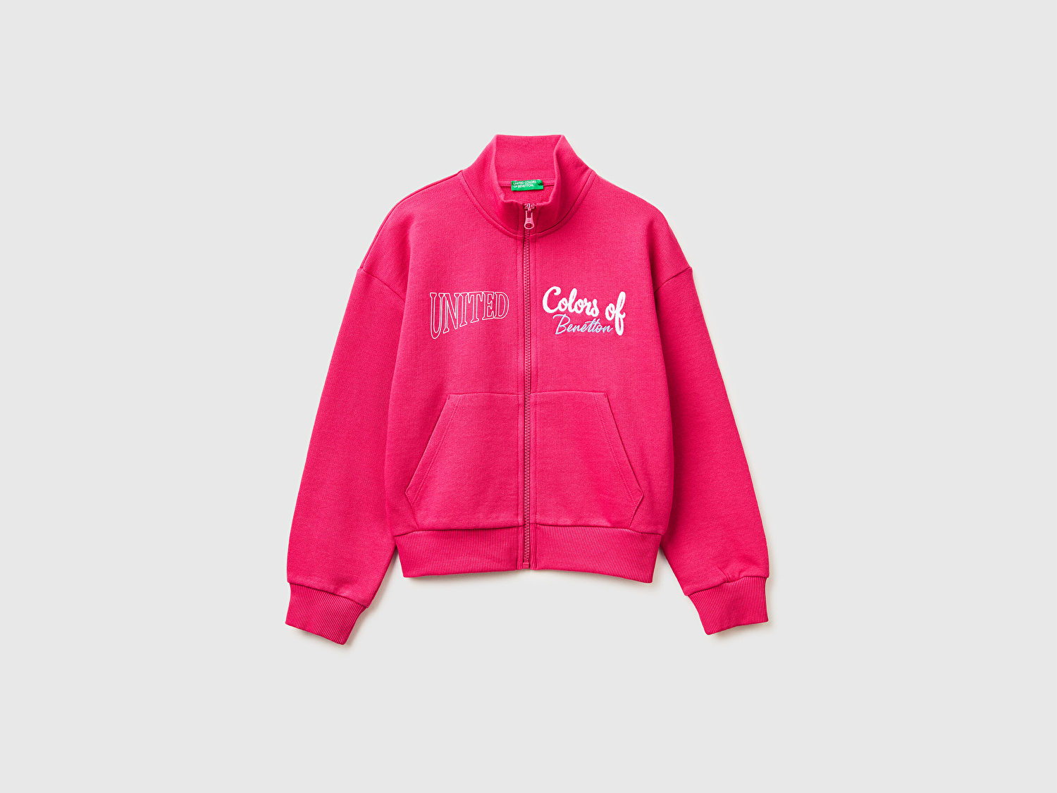 Benetton Kız Çocuk Koyu Pembe Simli Logolu Fermuarlı Cepli Yüksek Yaka Sweatshirt
