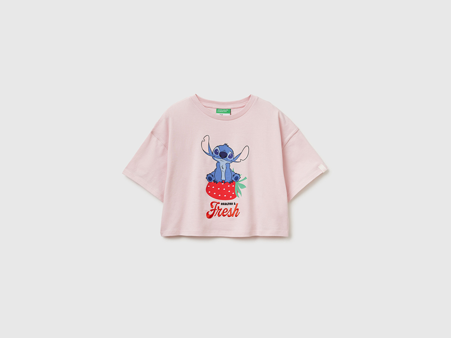 Benetton Kız Çocuk Toz Pembe Su Bazlı Baskılı İşlemeli Kolu Logo Detaylı Boxy Fit T-Shirt