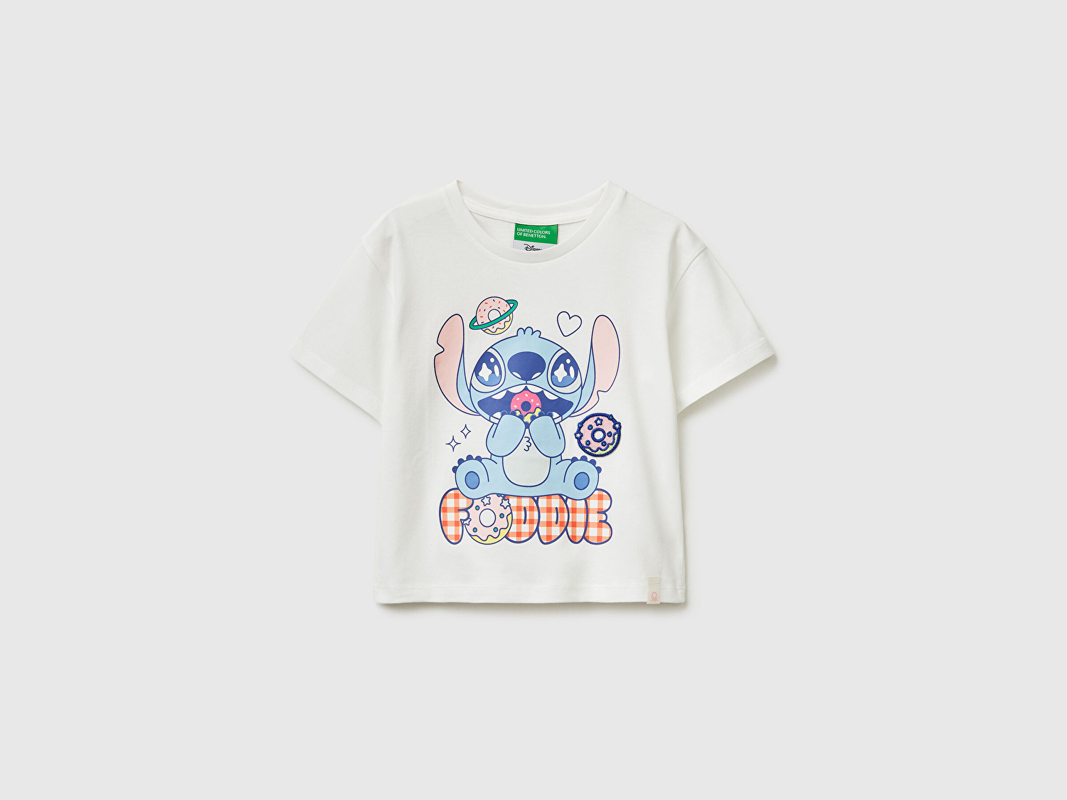 Benetton Kız Bebek Beyaz Baskılı Yama Detaylı Etek Ucu Logo Detaylı T-Shirt