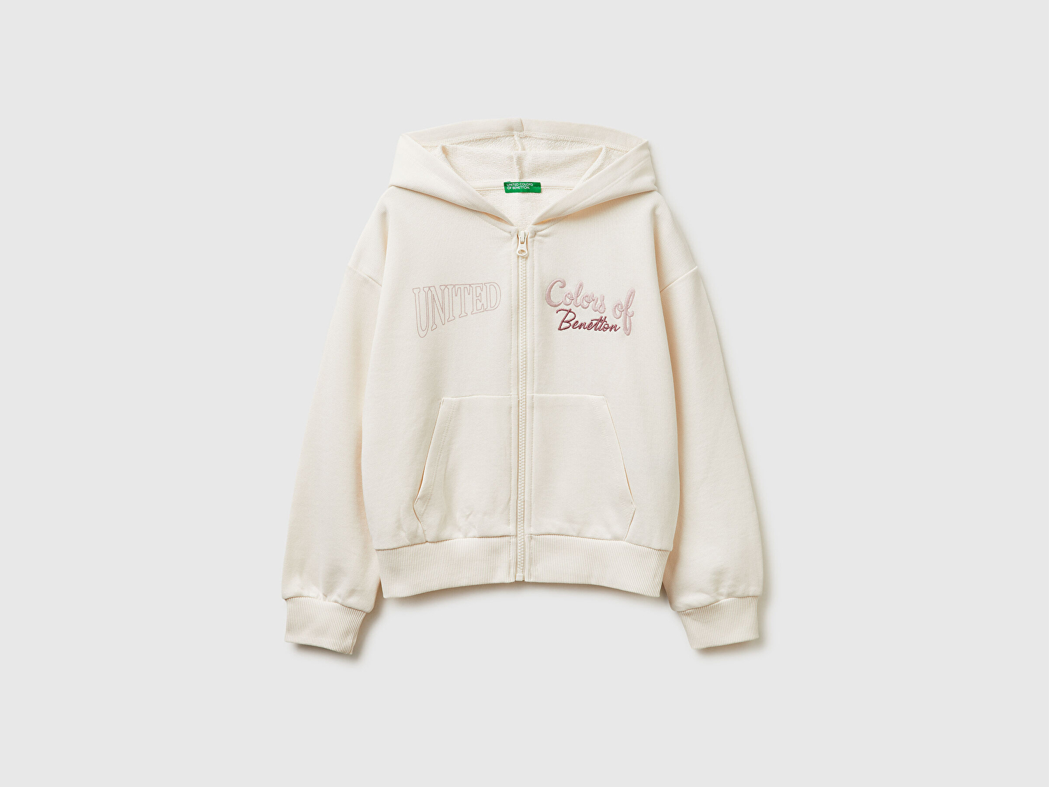 Benetton Kız Çocuk Ekru Simli Logolu Fermuarlı Cepli Kapüşonlu Yüksek Yaka Sweatshirt
