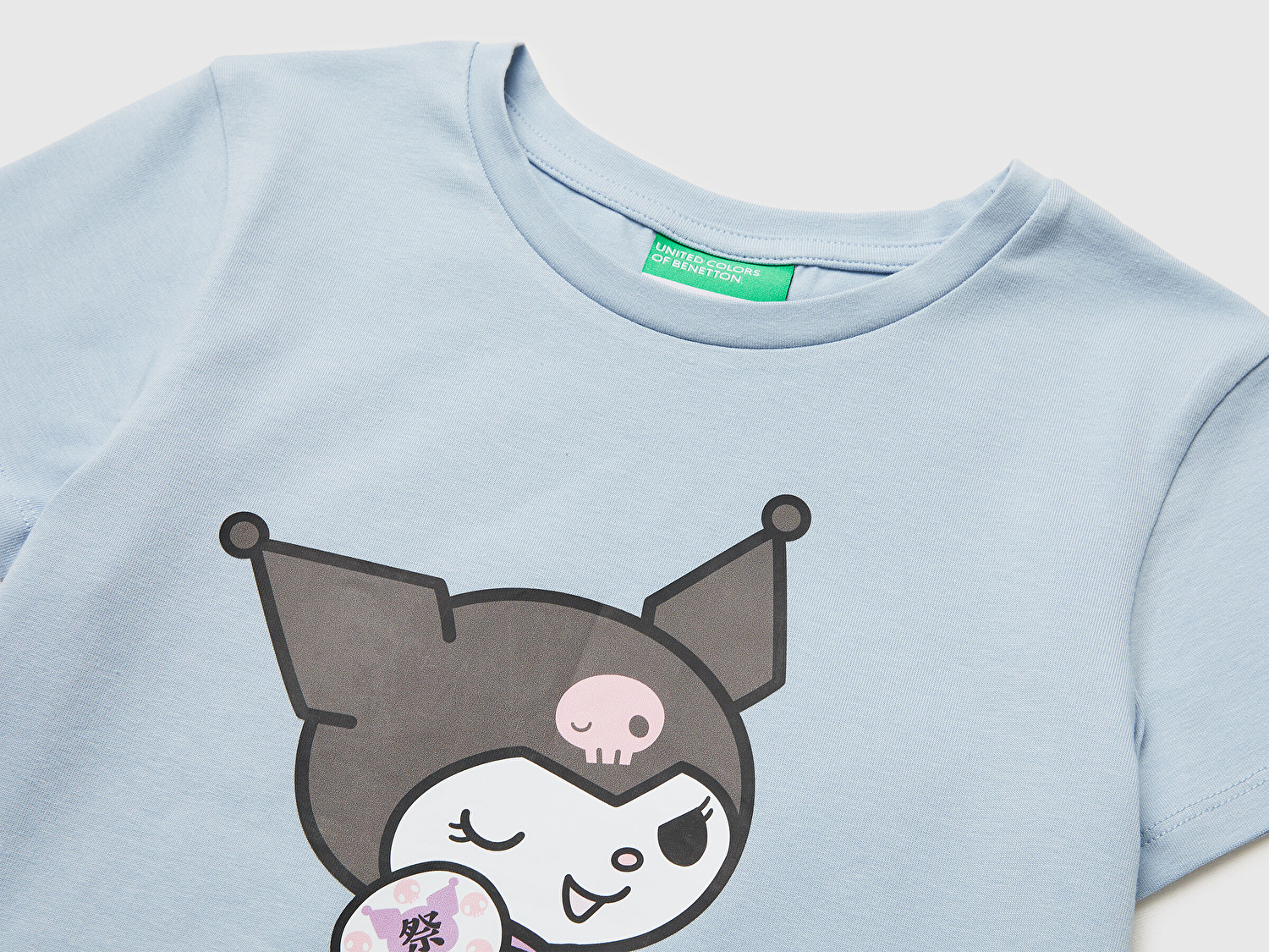 Benetton Kız Çocuk Buz Mavisi Önü Baskılı Etek Ucu Logolu Bisiklet Yaka T-Shirt