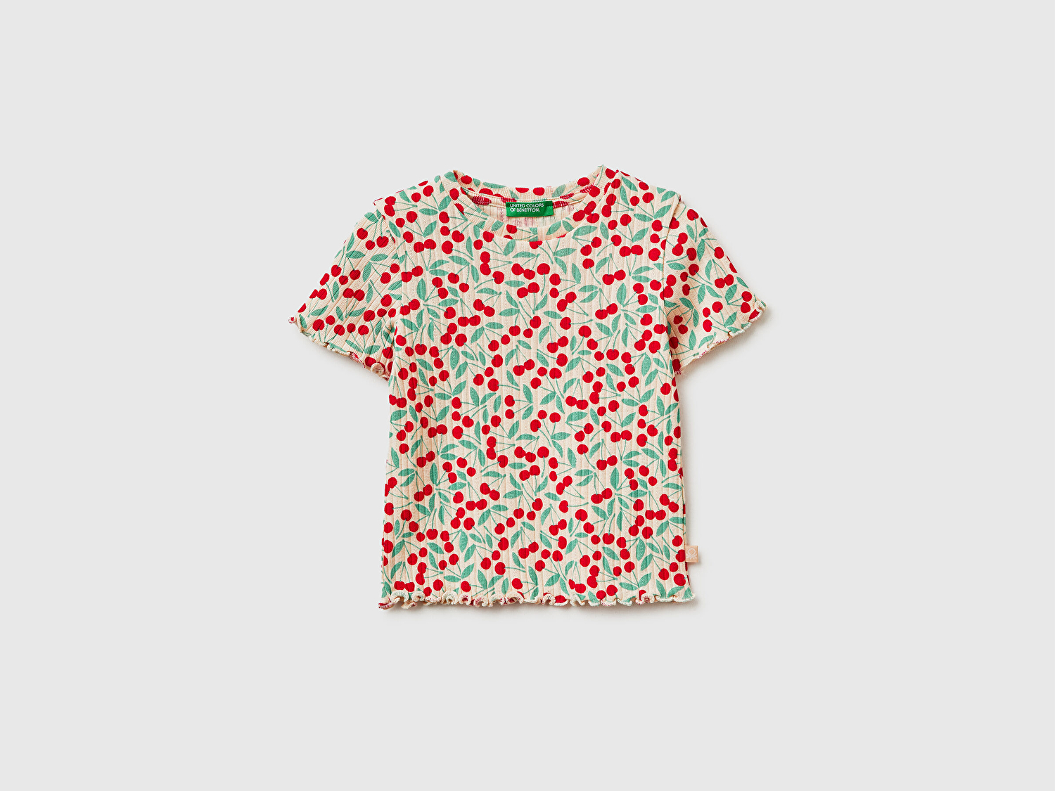 Benetton Kız Bebek Yeşil-Kırmızı Logolu Baskılı Fırfır Detaylı Ribanalı Bisiklet Yaka T-Shirt
