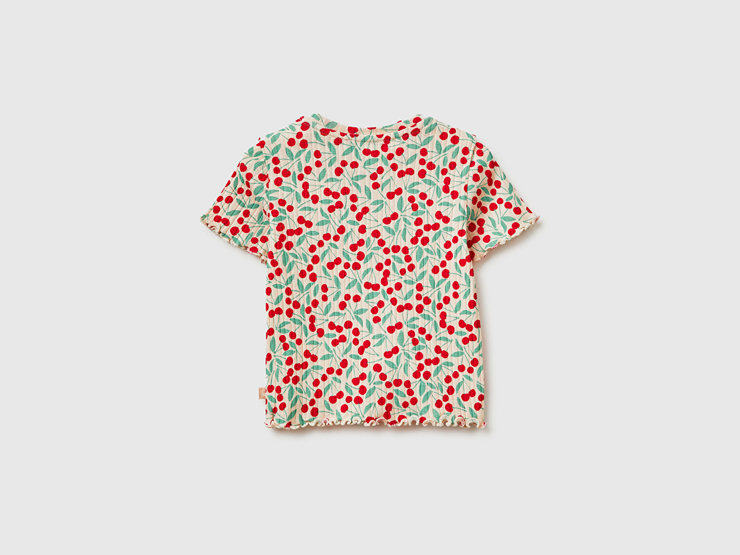 Benetton Kız Bebek Yeşil-Kırmızı Logolu Baskılı Fırfır Detaylı Ribanalı Bisiklet Yaka T-Shirt