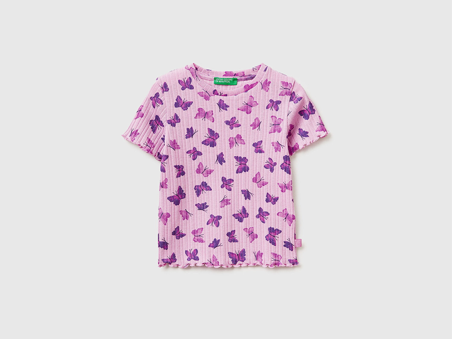 Benetton Kız Bebek Lila Logolu Baskılı Fırfır Detaylı Ribanalı Bisiklet Yaka T-Shirt