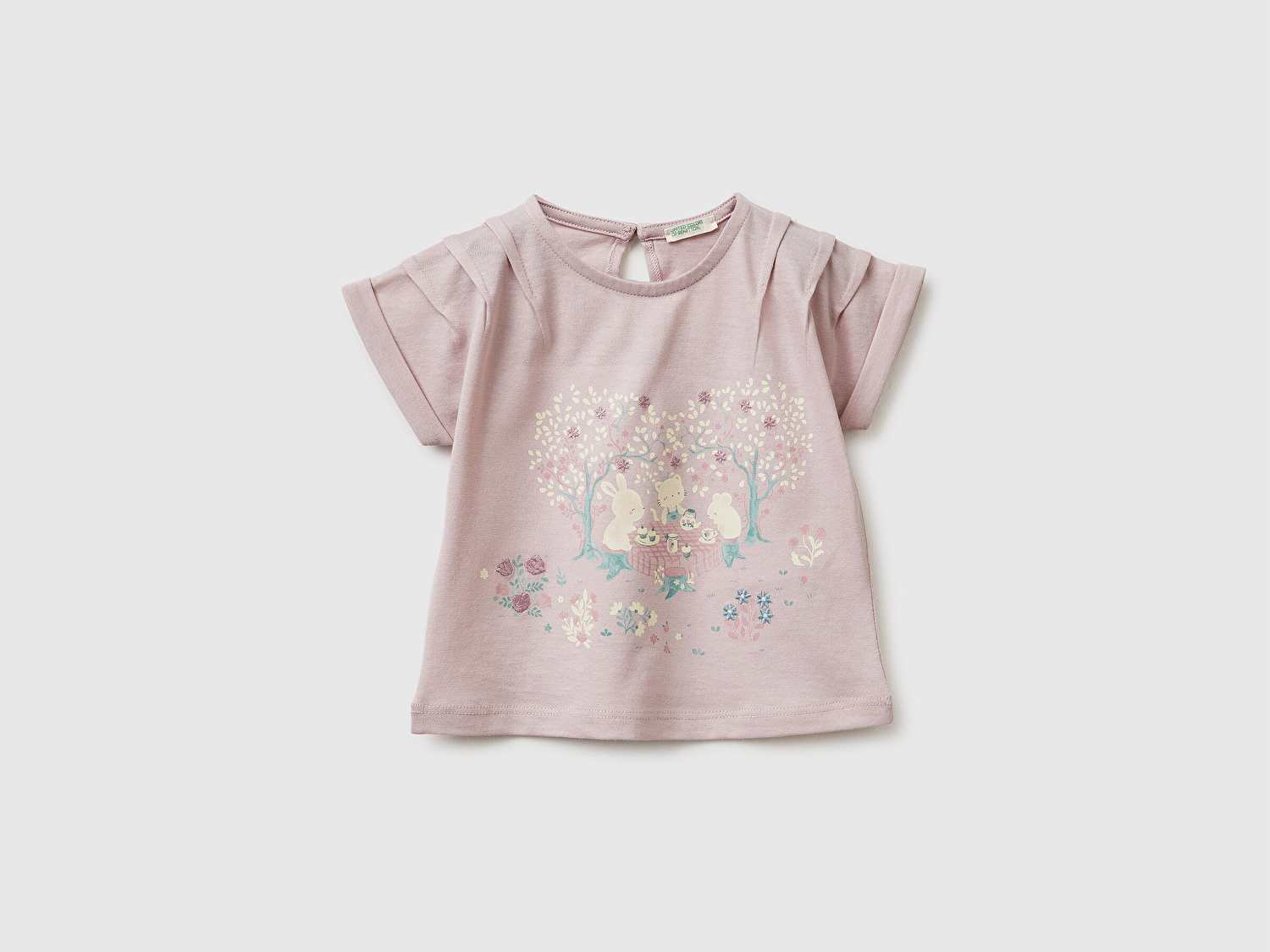Benetton Bebek Gül Kurusu Su Bazlı Baskılı İşlemeli Arkası Düğmeli Kimono Kol T-Shirt