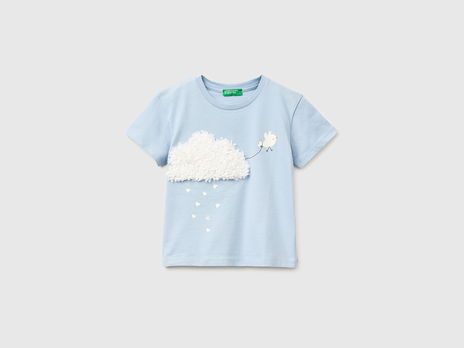 Benetton Kız Bebek Buz Mavisi Su Bazlı Baskılı İşlemeli Bisiklet Yaka T-Shirt