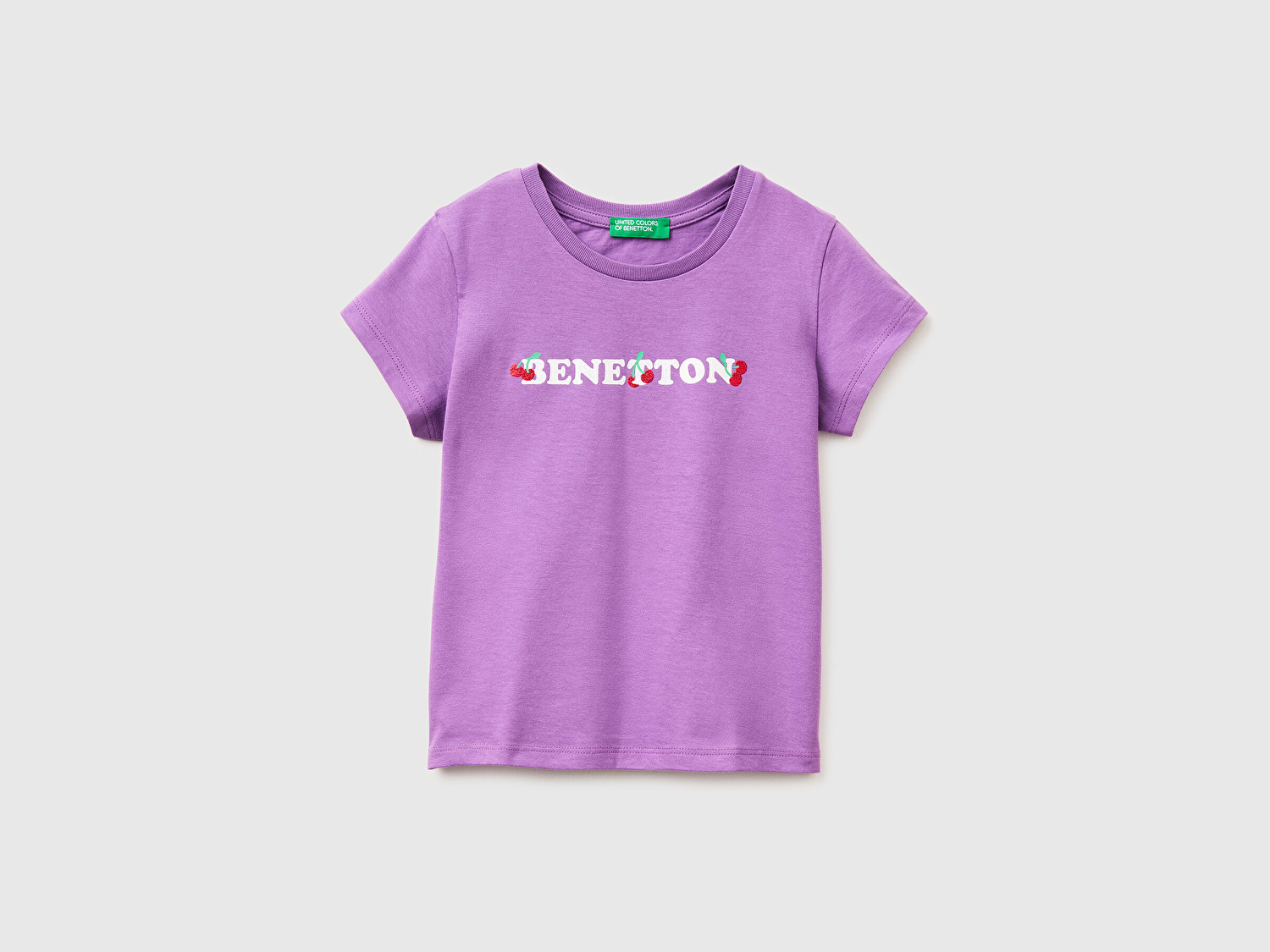 Benetton Kız Bebek Mor Simli Grafik Baskılı Kısa Kollu Ribanalı Yaka T-Shirt