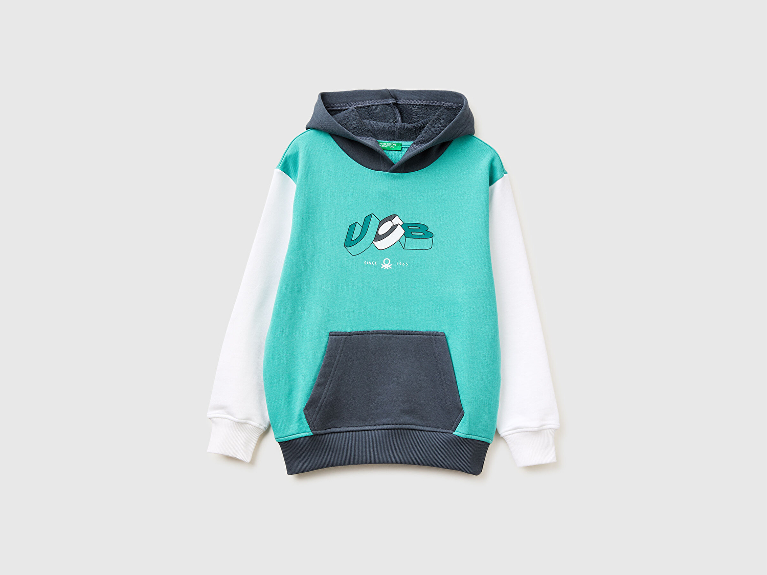 Benetton Erkek Çocuk Turkuaz Mix Önü Logo Baskılı Kanguru Cepli Kapüşonlu Sweatshirt