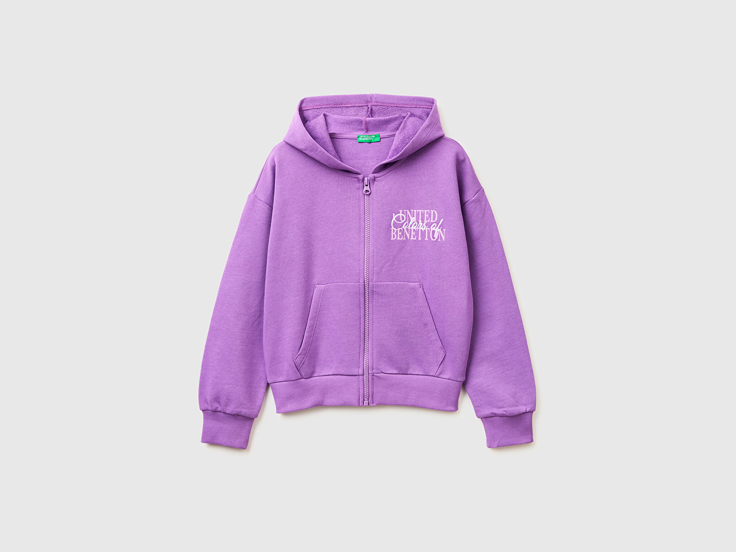 Benetton Kız Çocuk Mor Simli Logolu Fermuarlı Cepli Kapüşonlu Yüksek Yaka Sweatshirt
