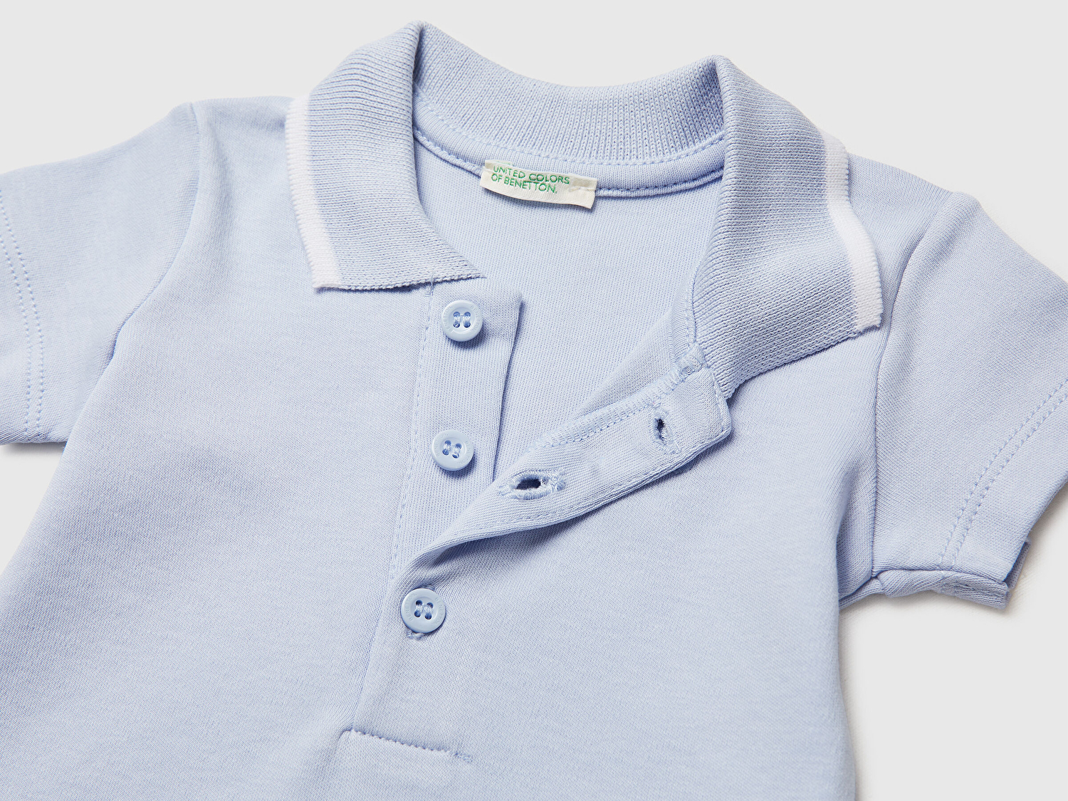 Benetton Bebek Toz Mavi Göğsü Logolu Polo Yaka Çıtçıtlı Kısa Kollu Body