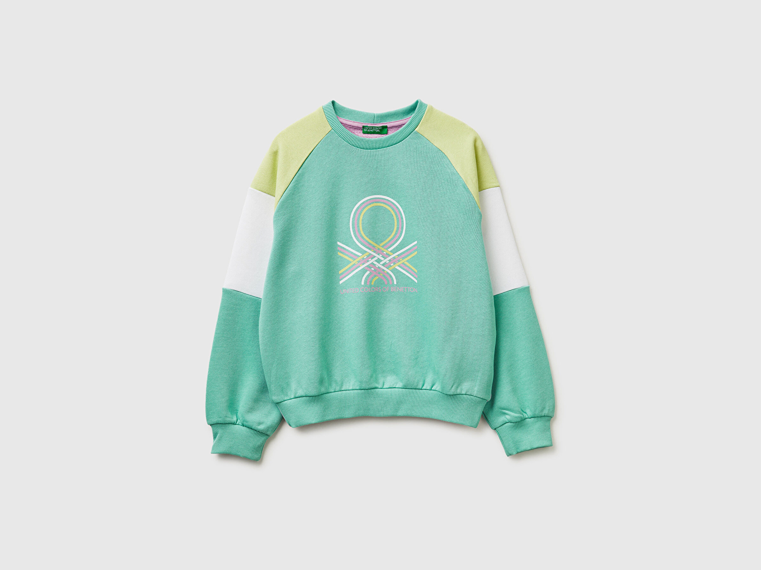 Benetton Kız Çocuk Yeşil Mix Renkli Baskılı Kontrast Detaylı Logolu Bisiklet Yaka Sweatshirt