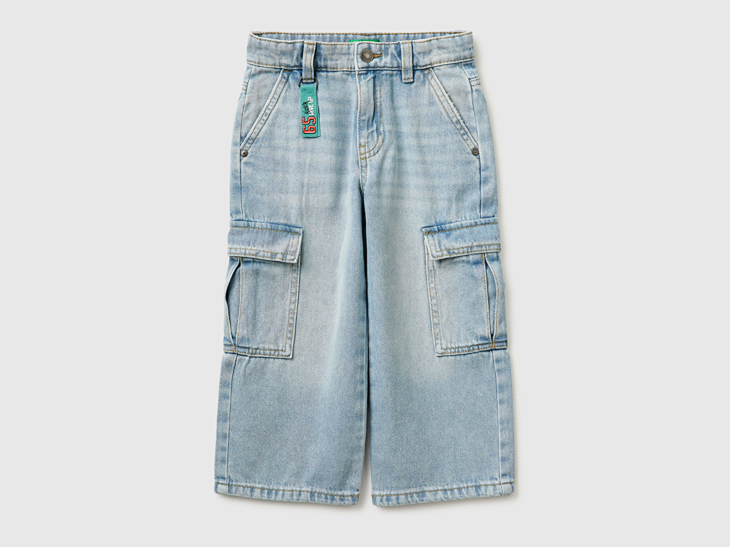 Benetton Erkek Bebek Buz Mavisi Arka Cebi Logo İşlemeli Bol Paça Denim Pantolon