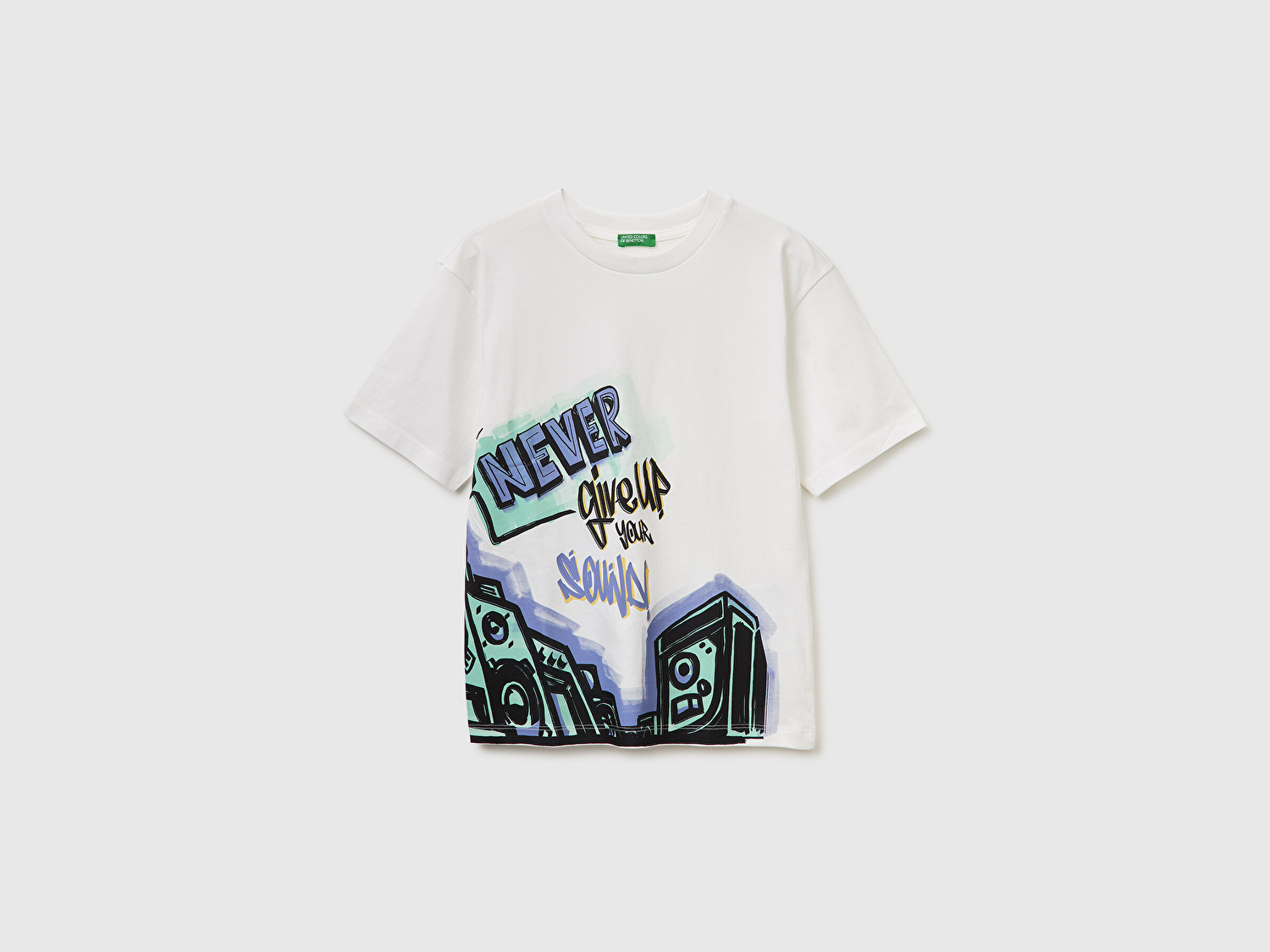 Benetton Erkek Çocuk Beyaz Baskılı Bisiklet Yaka Kısa Kollu T-Shirt