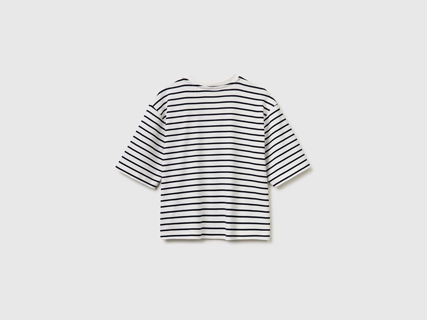 Benetton Kadın Lacivert Pamuk Karışımlı Nakış Detaylı Çizgili Bisiklet Yaka T-Shirt
