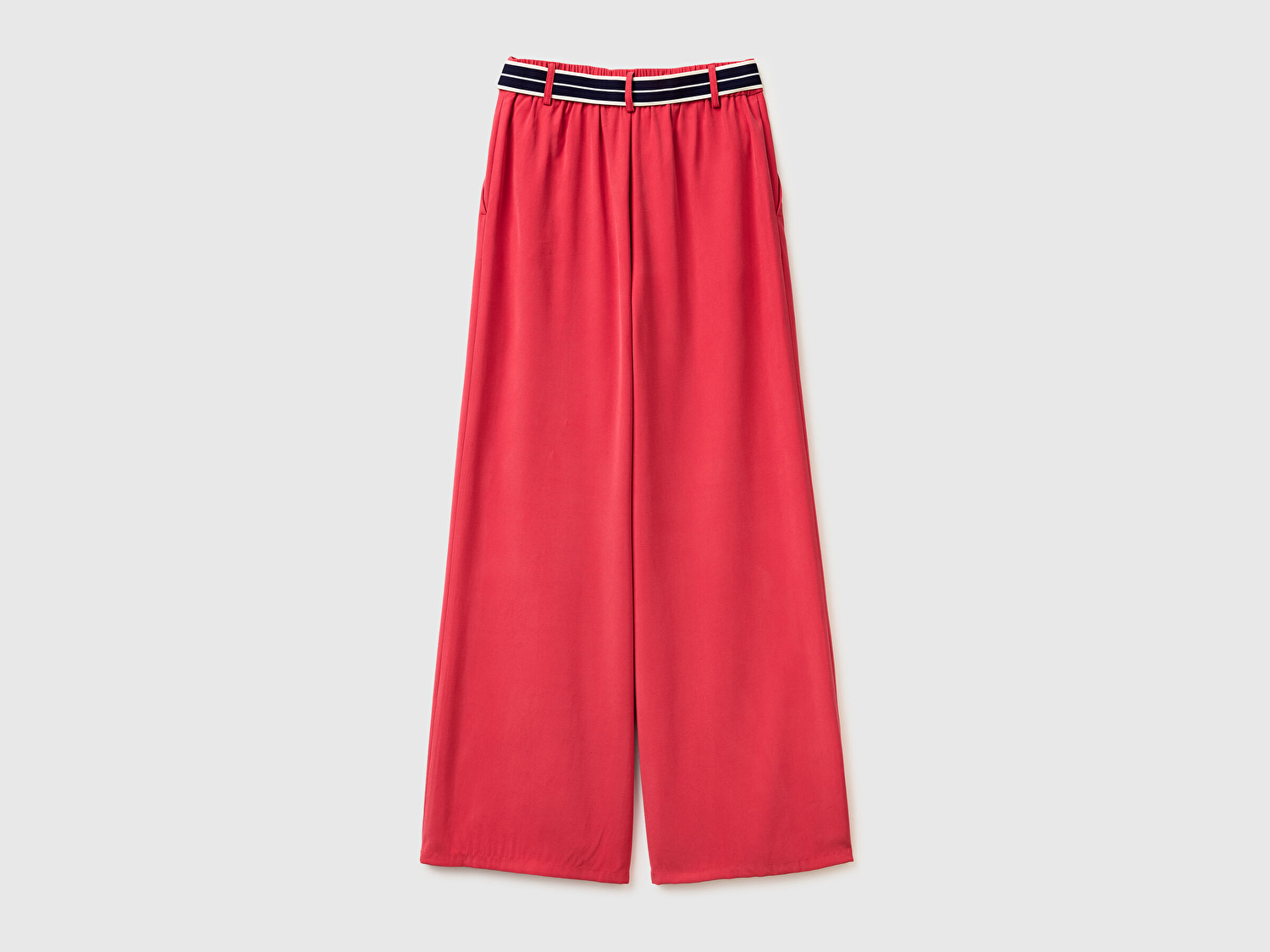 Benetton Kadın Kırmızı Viskoz Karışımlı Çizgili Kuşaklı Bol Paça Pantolon