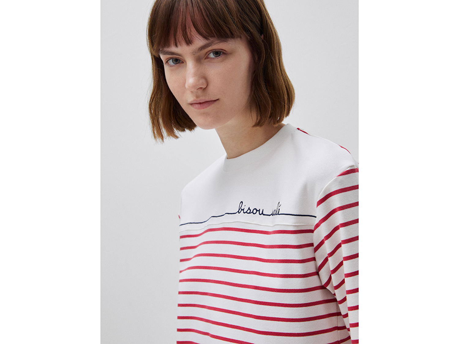 Benetton Kadın Pembe Pamuk Karışımlı Nakış Detaylı Çizgili Bisiklet Yaka T-Shirt