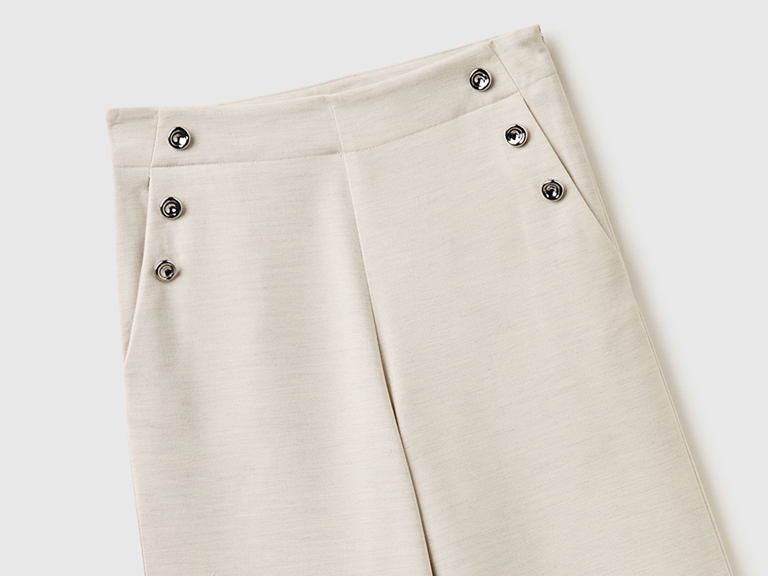 Benetton Kadın Krem Yün Karışımlı Wide Fit Yüksek Bel Pantolon