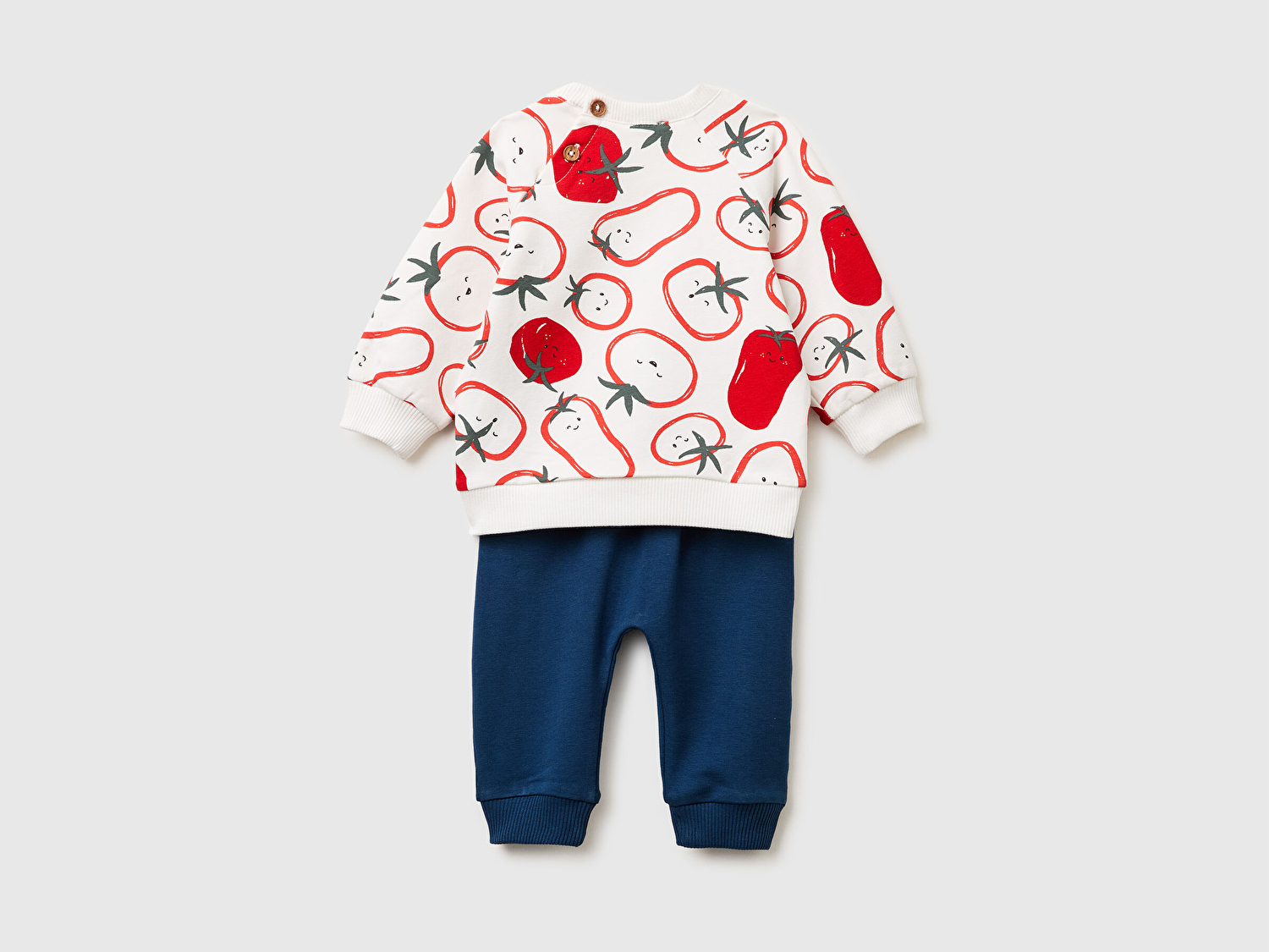 Benetton Bebek Ekru-Lacivert Düğmeli Baskılı Sweatshirt Takım