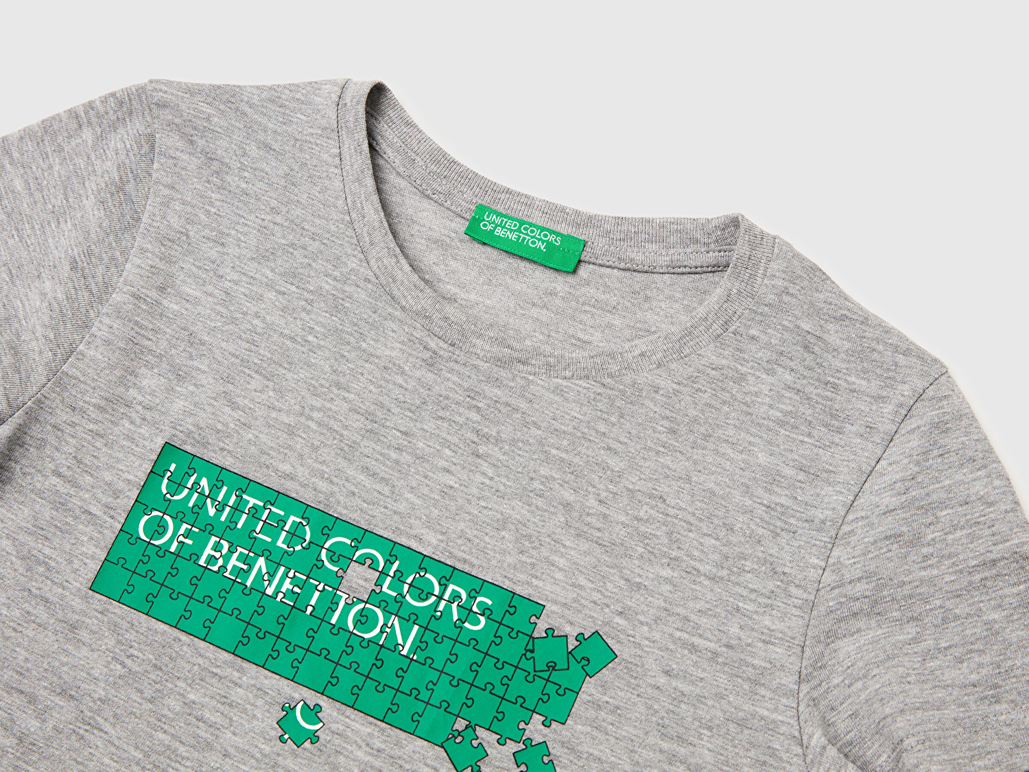 Benetton Erkek Bebek Gri melanj Önü Logo Baskılı Yuvarlak Yaka T-Shirt
