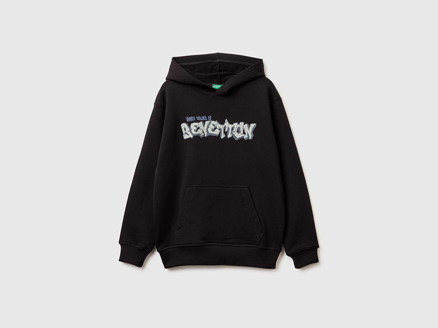 Benetton Erkek Çocuk Siyah Önü Logo Baskılı Kanguru Cepli Kapüşonlu Sweatshirt