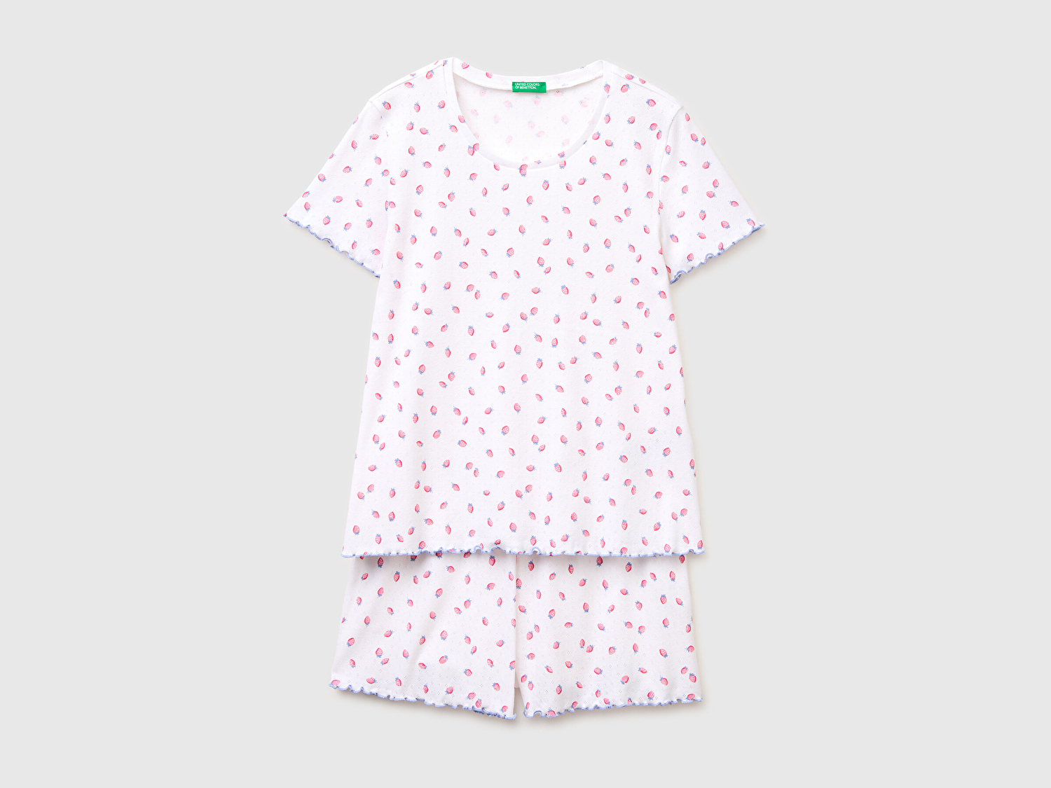 Benetton Kadın Beyaz %100 Pamuk Fırfır Detaylı Desenli Pijama Takımı